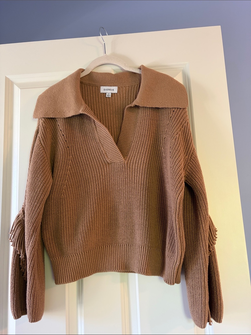 Evereve Brown V-Neck Collared Fringe Sleeve Sweater
